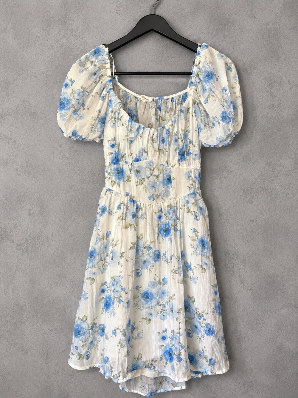 Blu Pepper Blue Floral Puff Sleeve Mini Dress Small Open Back Tie Back